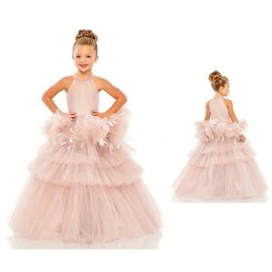 Mac Duggal Girls 20588 High Neck Tulle With Feather Detail Rose Dress, Size 12